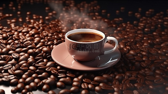 卡咖啡背景图片_一杯美味的咖啡，上面有 3D 渲染的逼真的平躺咖啡豆