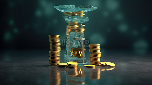 乌克兰格里夫纳在玻璃上签名的 3D 插图，硬币非常适合金融和经济主题