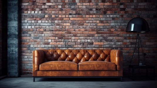 工业风格的客厅，配有砖墙和蹩脚的口音，配有 3D 渲染的皮革沙发