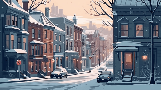冬季下雪背景图片_卡通房子街道冬天