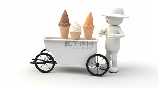 白色 3D 人物在空白背景上享受购物车中的冰淇淋