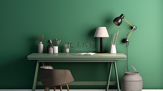 绿色学习学习背景图片_时尚的学习桌，在别致的绿色壁纸背景 3D 渲染上具有创造力的空间