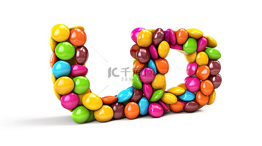 白色背景上字母 u 形状的喜庆多彩彩虹糖果的 3D 插图