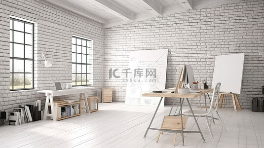 阁楼式 3D 教室渲染中的白砖墙和白板
