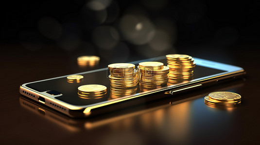 在网上银行概念 3D 渲染中轻松转账将硬币从智能手机转移到其他移动设备