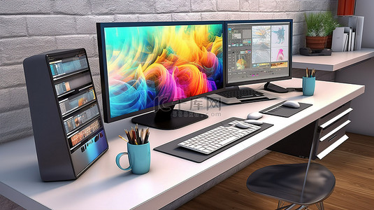 电脑桌工作台背景图片_3D 渲染图形设计计算机样机