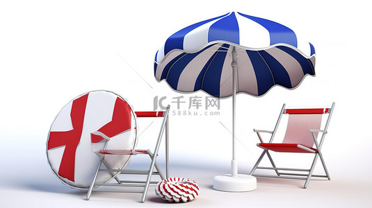 白色和蓝色躺椅沙滩伞救生圈和沙滩球在白色背景上的 3D 渲染