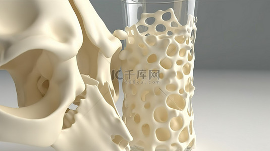 多孔骨的 3d 渲染提醒人们消耗牛奶对强健骨骼的重要性