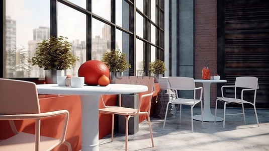 企业餐厅背景图片_咖啡厅露台的 3D 渲染，具有可定制的品牌元素