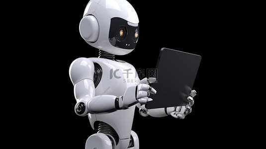 可爱的 ai 机器人与空白平板电脑屏幕指向 3d 渲染