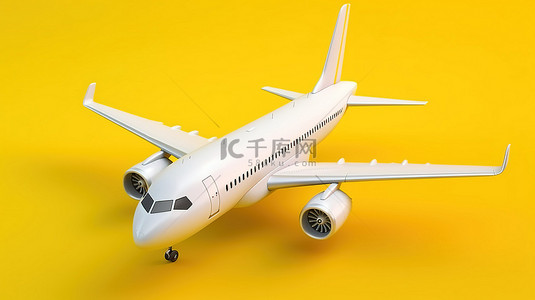 旅行概念白色飞机在阳光明媚的黄色背景顶视图设计 3D 渲染