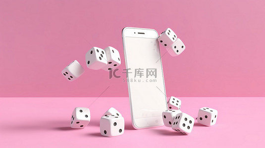 玩下手机背景图片_最小的白色骰子和带空白屏幕的智能手机，3D 渲染非常适合在粉色柔和背景下玩游戏或做广告