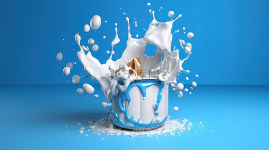 蓝色背景上带有牛奶飞溅的饮料罐的 3D 渲染