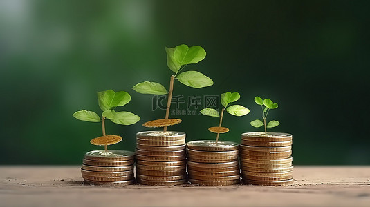 3D 渲染堆叠硬币的插图与生长的植物代表投资增长利润和储蓄股息