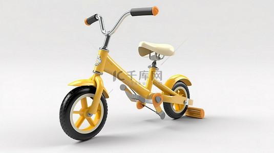自行车背景图片_白色背景下儿童三轮样机自行车的独立 3D 渲染
