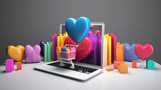 充满活力的在线购物主题，以白色笔记本电脑显示器 3D 渲染上的心形符号彩色硬币和购物袋为特色