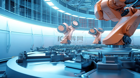 机器人界面背景图片_创新的工厂概念，具有由机器人控制的机器人手臂的 3D 渲染