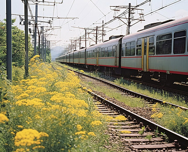 火车轨道上的一列火车，上面有黄色的花朵和电线