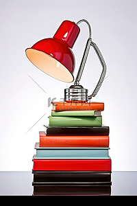 一盏红灯坐在一堆彩色书籍的顶部