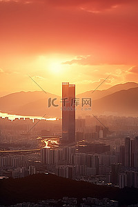首尔市上空的日出，背景是山脉