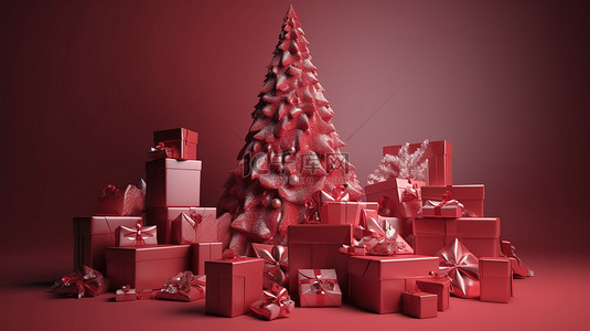 节日红色圣诞树的 3d 插图，周围的礼盒非常适合圣诞装饰