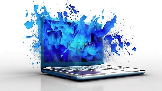 键盘打字的手背景图片_蓝色油漆污点笔记本电脑的 3d 插图