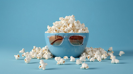 一包盐背景图片_蓝色背景，有一碗爆米花和 3d 眼镜