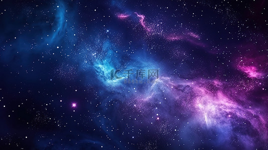 宇宙恒星背景图片_银河和宇宙 3D 插图水平背景，具有明亮的星空和华丽的紫色蓝色星系