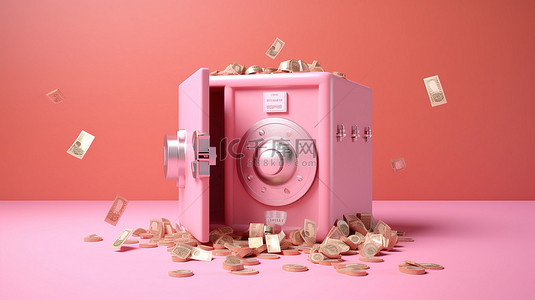粉红色背景上被浮动硬币和纸币包围的粉红色保险箱 3D 渲染代表储蓄通货膨胀和金融安全的概念