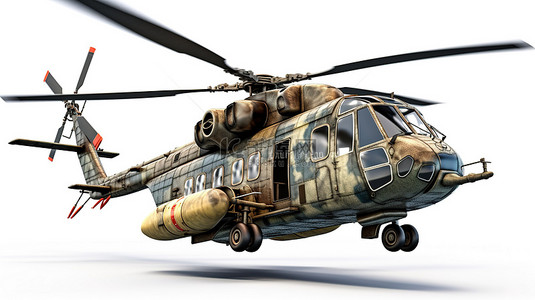 白色背景上翱翔的全副武装现代军用直升机的 3D 插图