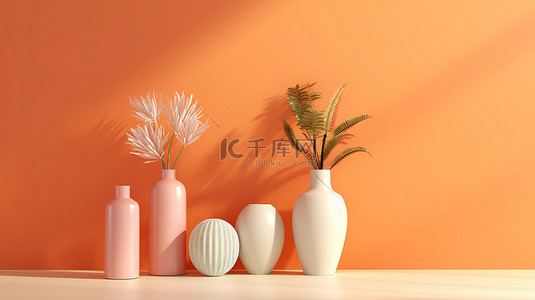 柔和的花瓶家居装饰室内设计 3D 渲染，在充满活力的橙色墙壁背景下有充足的复制空间