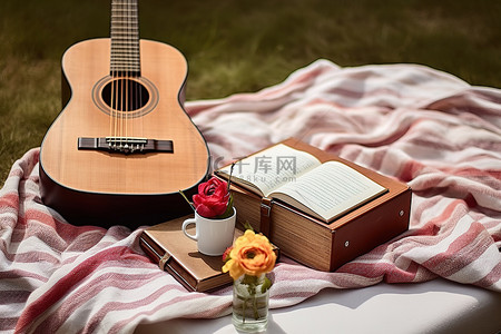 一把木吉他坐在毯子上，旁边是一杯书和一杯爪哇咖啡