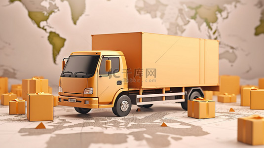 货运卡车的 3D 渲染概念提供带有位置标志和快递运输的产品交付服务