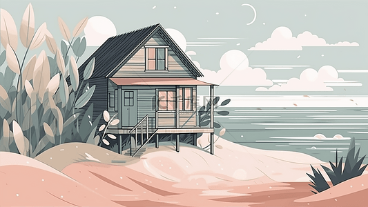 海边的小房子背景图片_卡通房子唯美插画