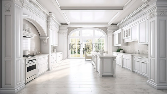 优雅的古典白色厨房，配有最先进的内置电器和迷人的 3D 大窗户