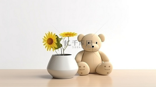 设计师背景图片_精致的花卉布置和 3D 渲染中装饰白色桌子的毛绒泰迪熊