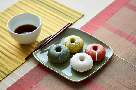 小叉子背景图片_一盘三个小绿茶甜甜圈和一杯黄茶