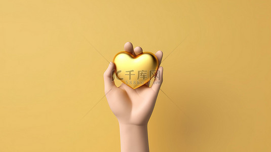 拥抱心形图标哑光金板，金色手握符号社交媒体 3d 渲染