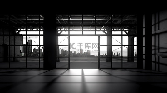 剪影大楼背景图片_工厂内部，带有打开的门的 3D 渲染轮廓