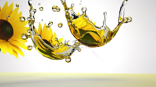 葵花背景图片_橄榄油和葵花籽油在空气中漂流的 3D 渲染，用于烹饪食谱