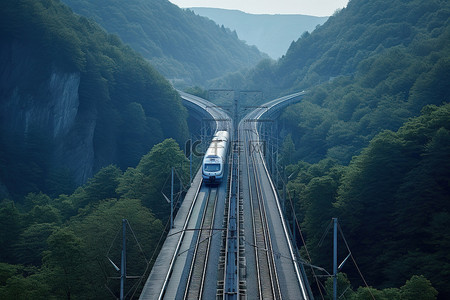 火车蓝背景图片_一列蓝白相间的火车穿过群山