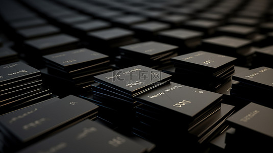 商务卡片设计背景图片_3d 渲染中的一叠光滑的黑色名片