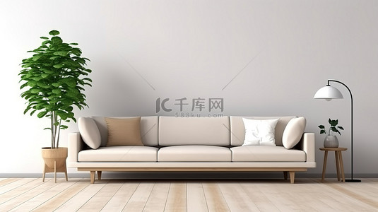 现代客厅配有时尚的沙发边桌白色墙壁和 3D 渲染的木地板