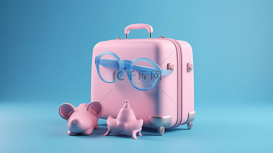 蓝色背景下带眼镜的浅粉色手提箱和 3D 渲染的存钱罐
