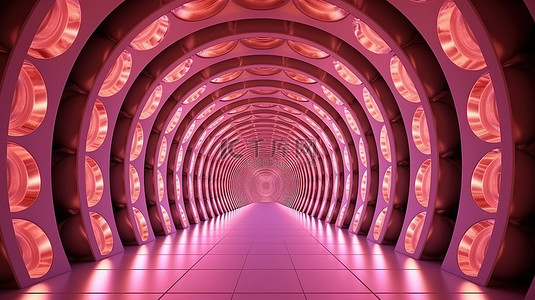 抽象几何隧道，用充满活力的粉红色灯光照亮，创意 3D 插图