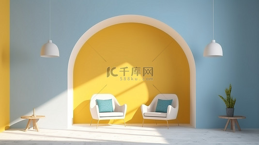蓝色拱门和黄色墙壁房间中白色扶手椅的 3D 渲染