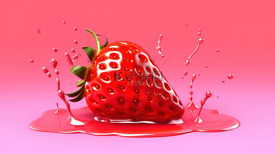草莓食品背景图片_3D 渲染新鲜草莓汁与粉红色背景上的真正草莓