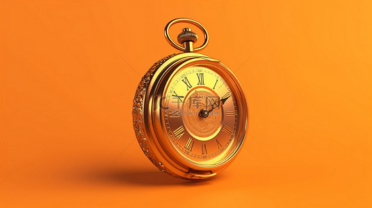 橙色标志背景图片_古董金色圆形时钟靠近孤立的橙色背景 3D 插图，具有秒表图标复古计时器和天文钟标志