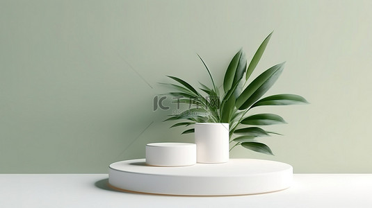 浅色背景图片_时尚的化妆品展台，在浅色背景 3D 渲染图像上设有两个白色讲台和绿叶植物