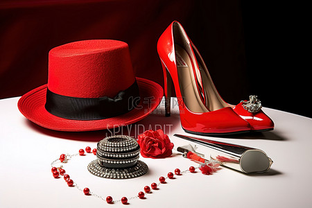 配饰背板背景图片_红色帽子高跟鞋和其他小配饰